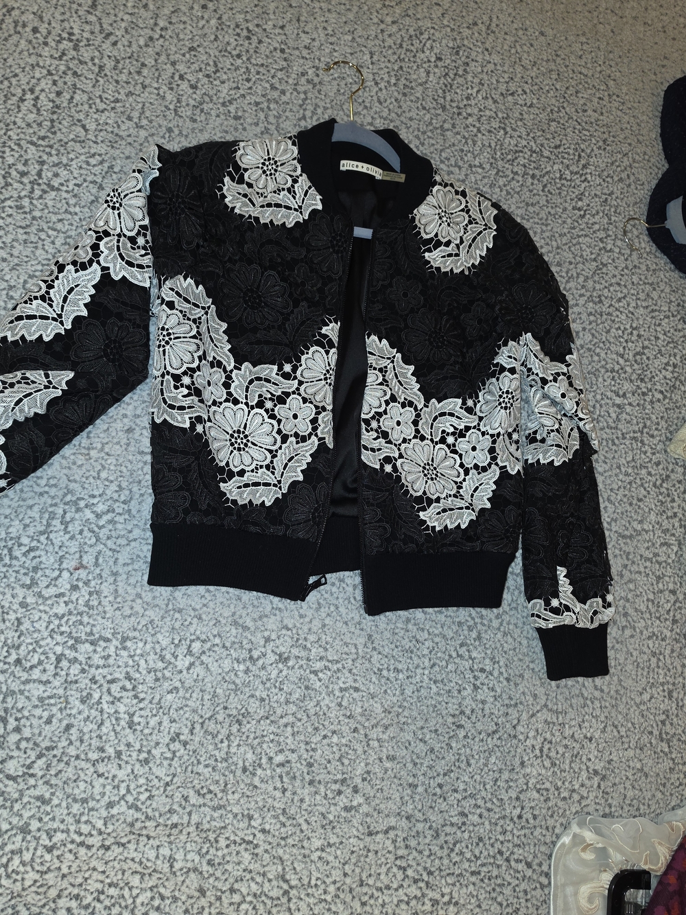Black & White Floral Embroidered Lace Bomber Jacket by Alice + Olivia
